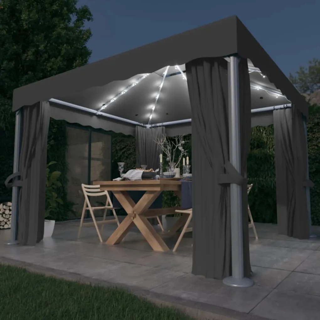 3070347 vidaXL Gazebo com cortinas e cordões de luzes LED 3x3 m antracite