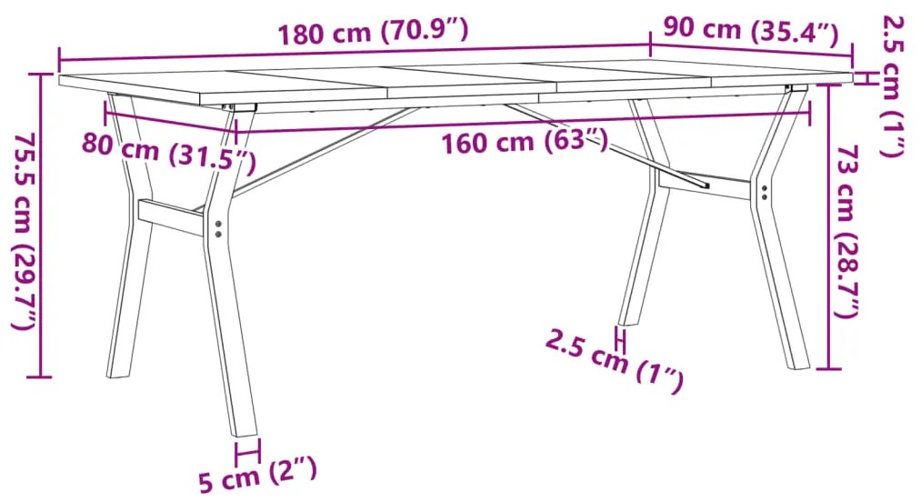 Mesa de jantar estrutura em Y 180x90x75,5cm pinho/aço