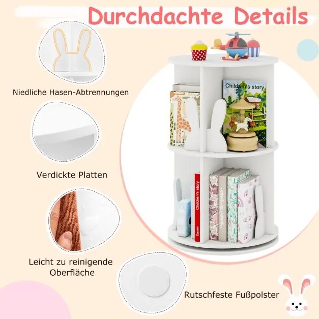 Estante giratória para crianças 40 x 40 x 65 cm Estante infantil com 2 níveis e separadores de coelhos 360 graus Branco