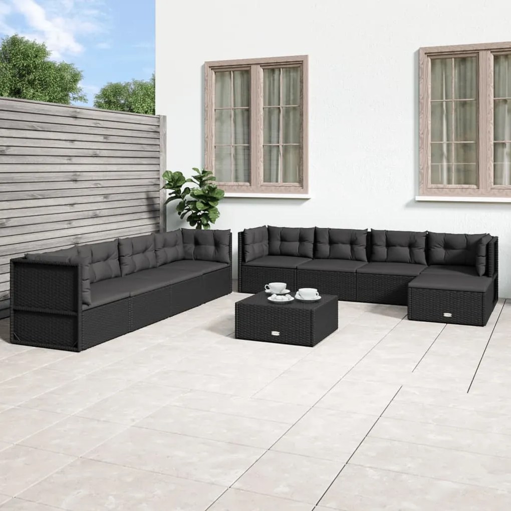 vidaXL 9 pcs conjunto lounge de jardim c/ almofadões vime PE preto
