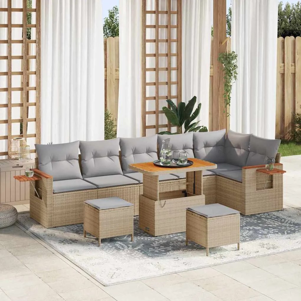 Conjunto de Sofás de Jardim vidaXL de 9 Peças com Almofadas Bege e Vime de Acácia