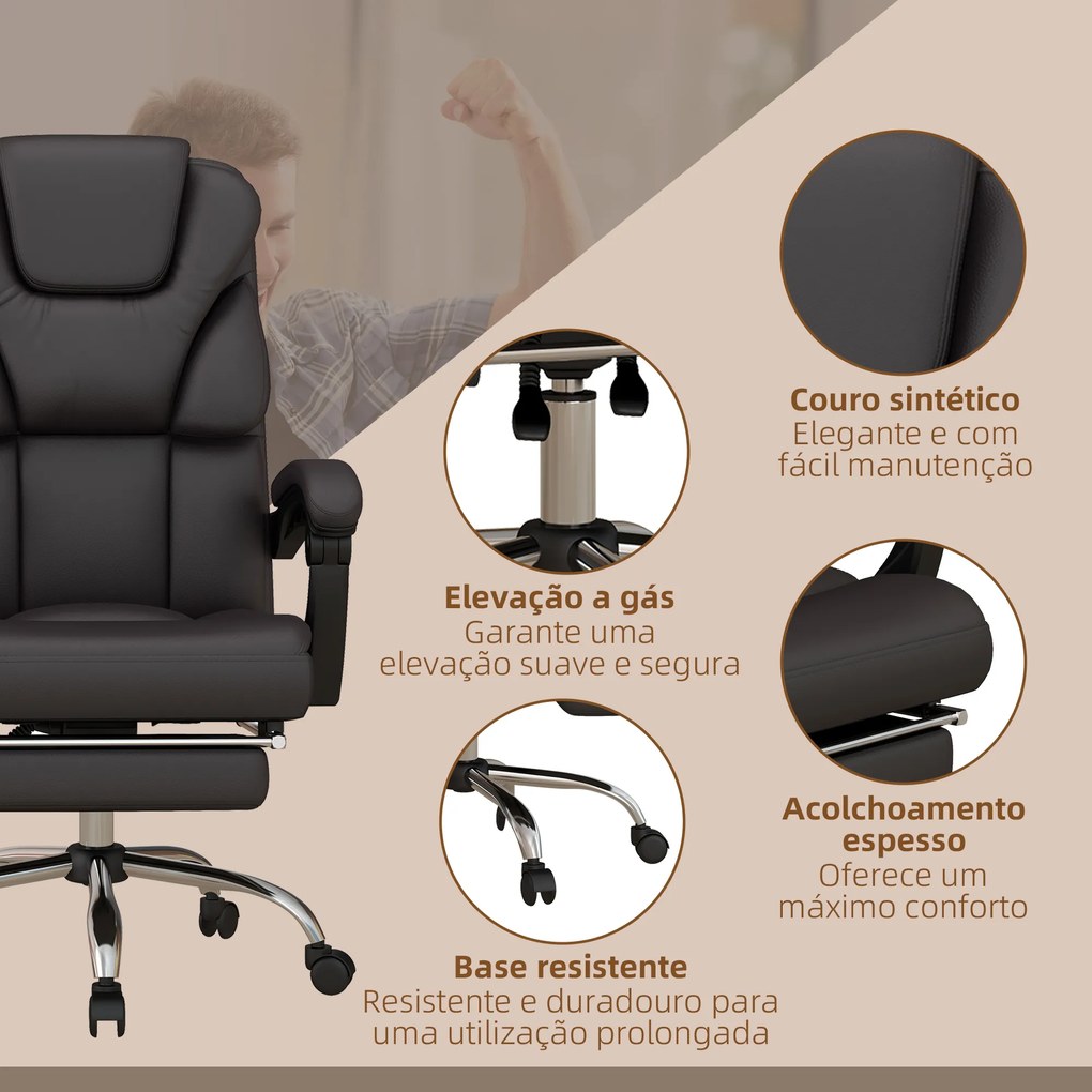 Vinsetto Cadeira de Escritório com 6 Pontos de Massagem Cadeira Executiva Reclinável de PU com Controlo Remoto Altura Ajustável Encosto Alto Apoio para os Pés e Bolso 63x57x118-126 cm Marrom
