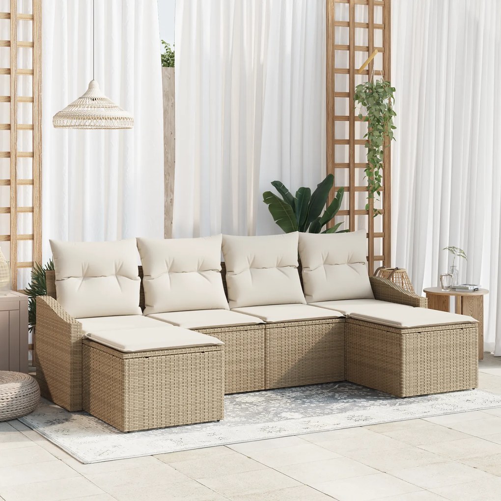 vidaXL Conjunto de Sofás de Jardim de 6 Peças com Almofadas Bege Poli Rattan