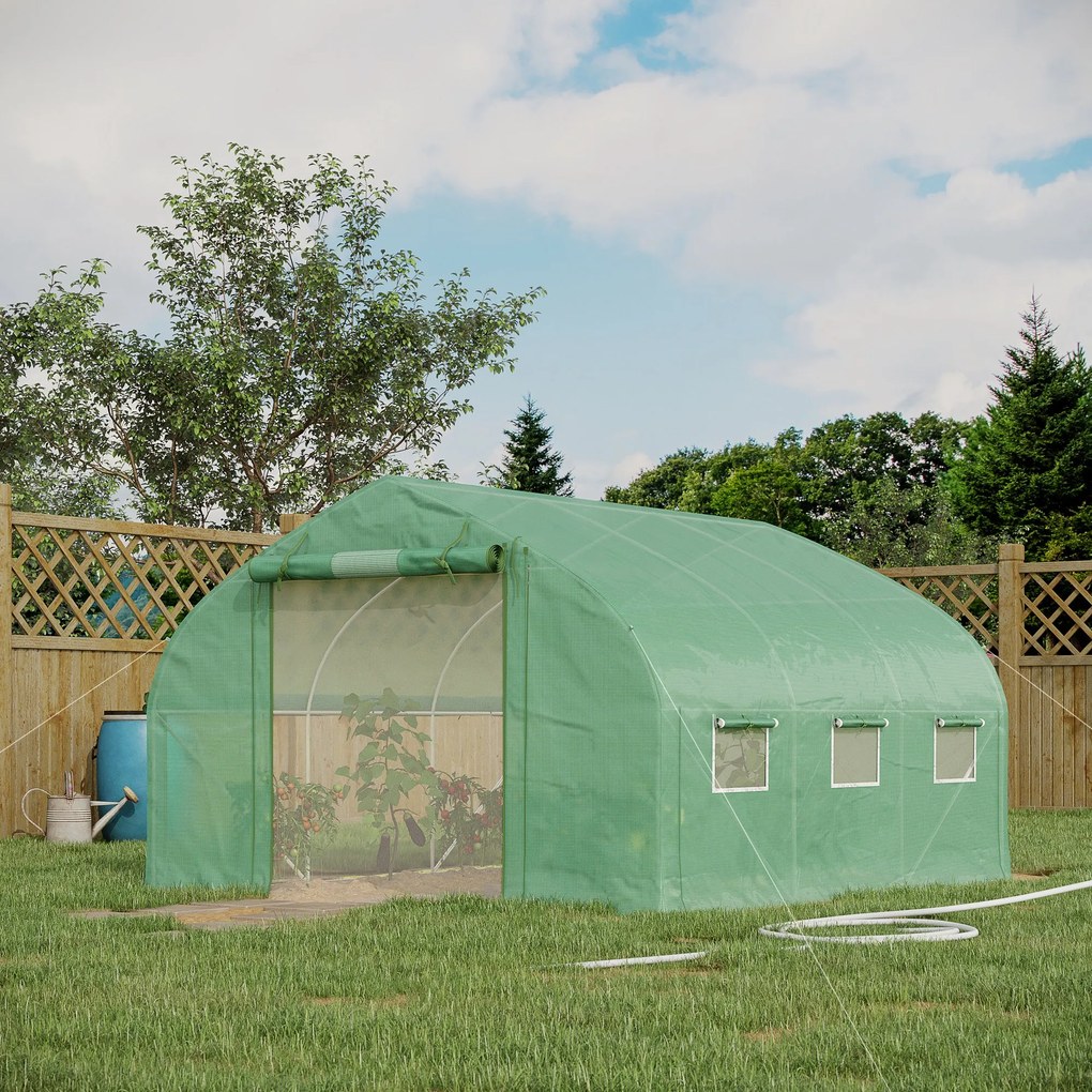 Estufa Tipo Túnel 347x300x200 cm Estufa de Jardim com Porta Enrolável 6 Janelas Cobertura PE 140g/m² Verde