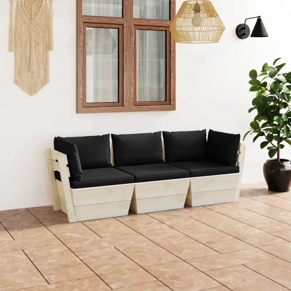 vidaXL Sofá paletes 3 lugares p/ jardim c/ almofadões madeira de abeto