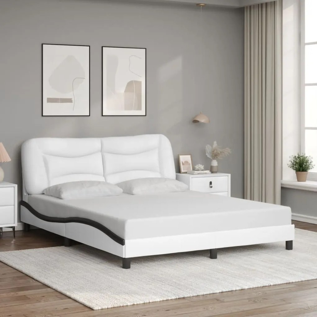 Estrutura cama c/ luzes LED 160x200cm couro artif. branco/preto