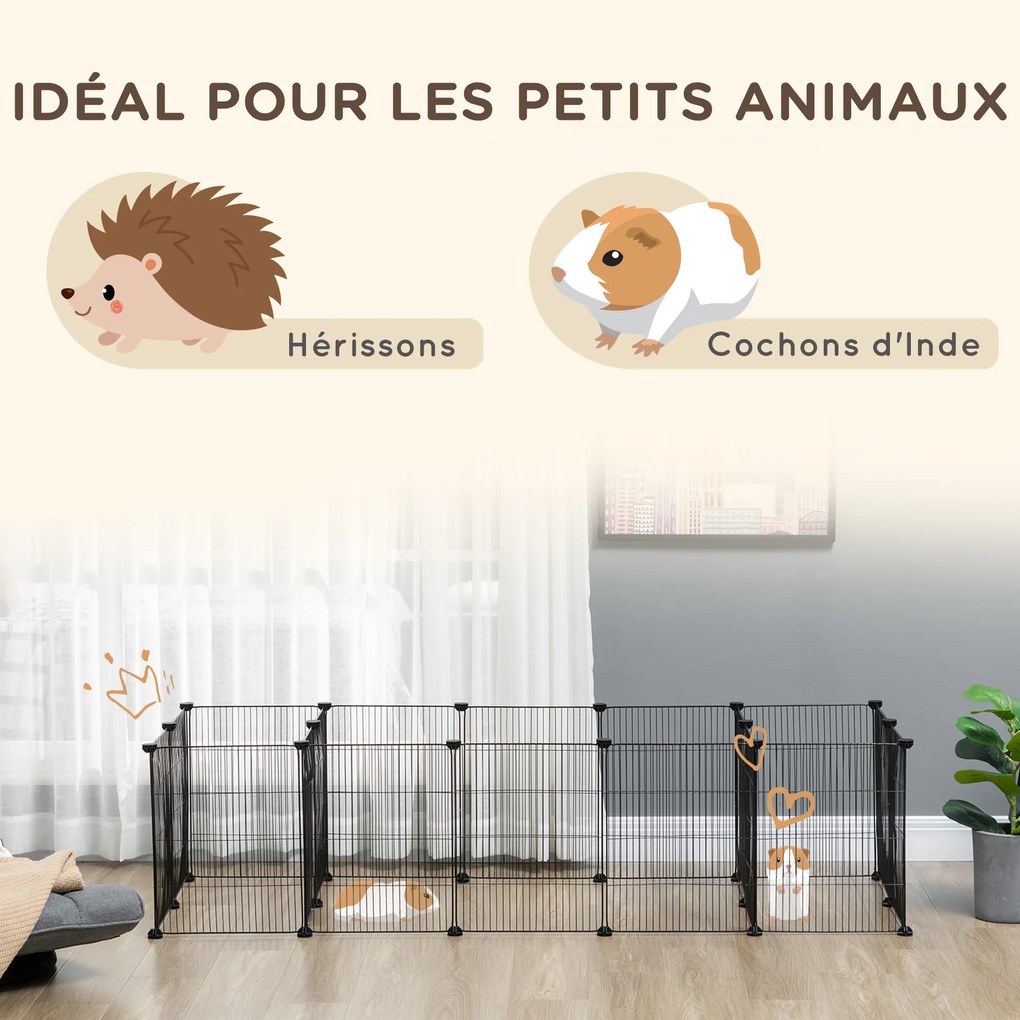 Recinto modular para pequenos animais (coelhos, roedores, cachorrinhos) – 18 painéis de arame de aço, 2 portas, 175 x 70 x 45, preto