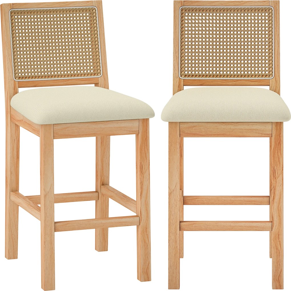 HOMCOM Conjunto de 2 Banquetas de Bar, Banquetas com Encosto Efeito Vime, Assento Estofado em Chenille Altura 66 cm, Creme | Aosom Portugal