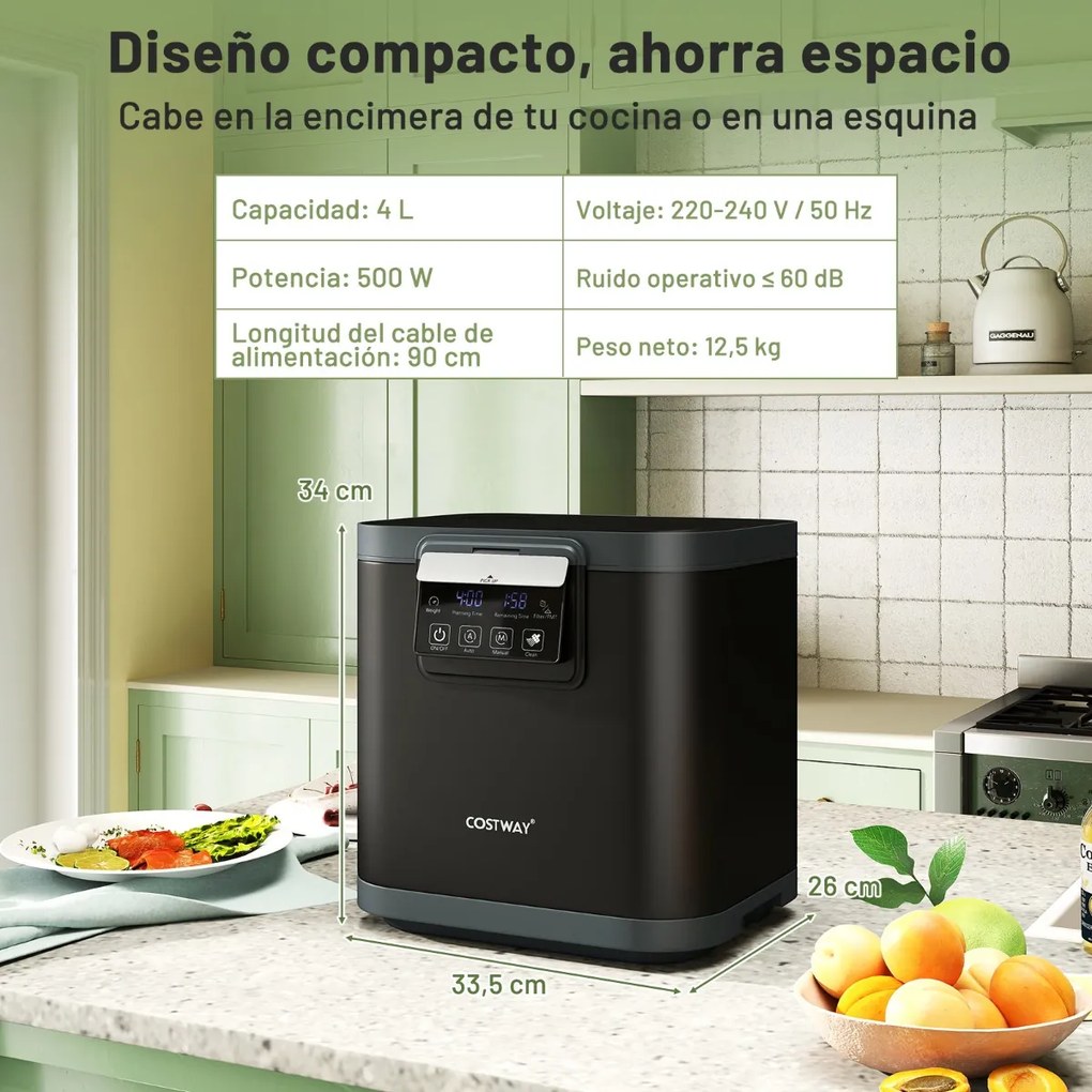 Compostador elétrico de 4 L para cozinha Máquina de compostagem inteligente com tampa autolimpante Ecrã LED preto
