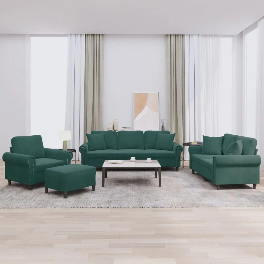 4 pcs conjunto de sofás com almofadas veludo verde-escuro