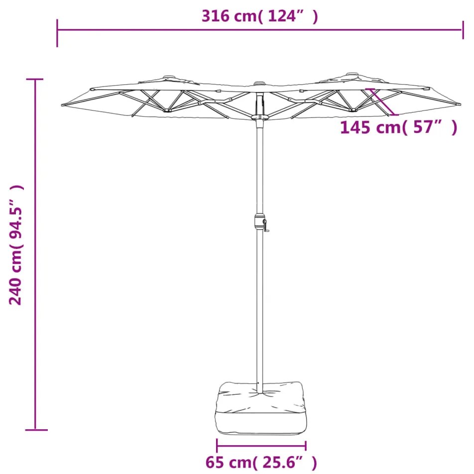 Guarda-sol jardim cabeça dupla/LED 316x240 cm cinza-acastanhado