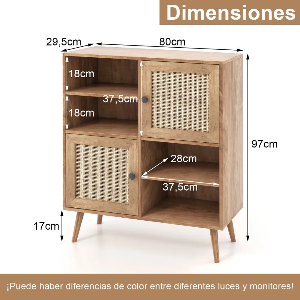 Aparador em rattan com 4 cubículos e 2 portas decoradas Armário de acento Boho em rattan para sala de jantar 80 x 29,5 x 97 cm Natural