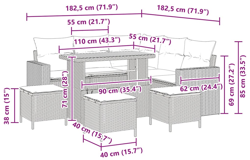 Conjunto de Sofás de Jardim vidaXL de 9 Peças com Almofadas Preto Vime