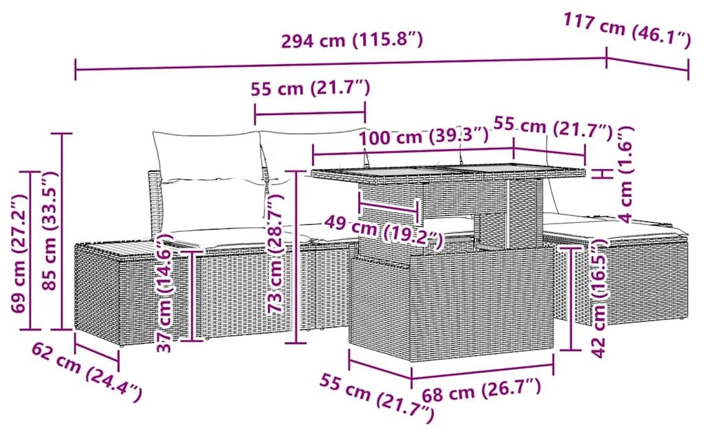Conjunto de Jantar pro Jardim com 6 Peças e Almofadas Bege em Rattan S