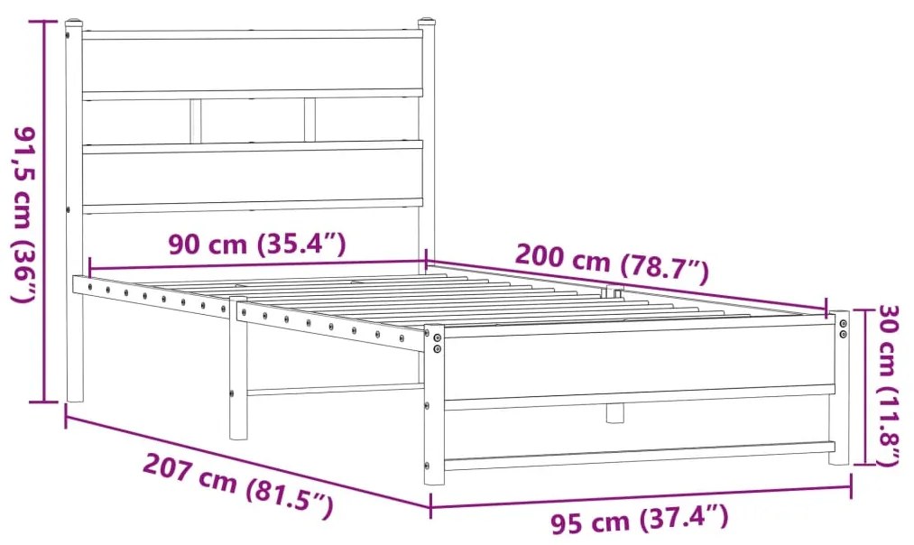 Estrutura de cama sem colchão 90x200 cm metal carvalho castanho