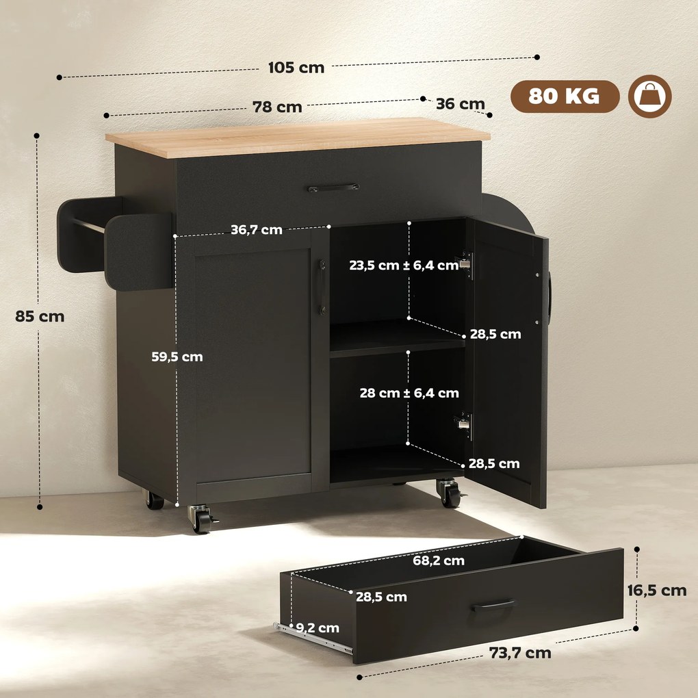 Carrinho de cozinha 105 x 36 x 85 cm em ilha com múltiplas opções de arrumação: gavetas, armário de 2 portas com prateleira ajustável, preto