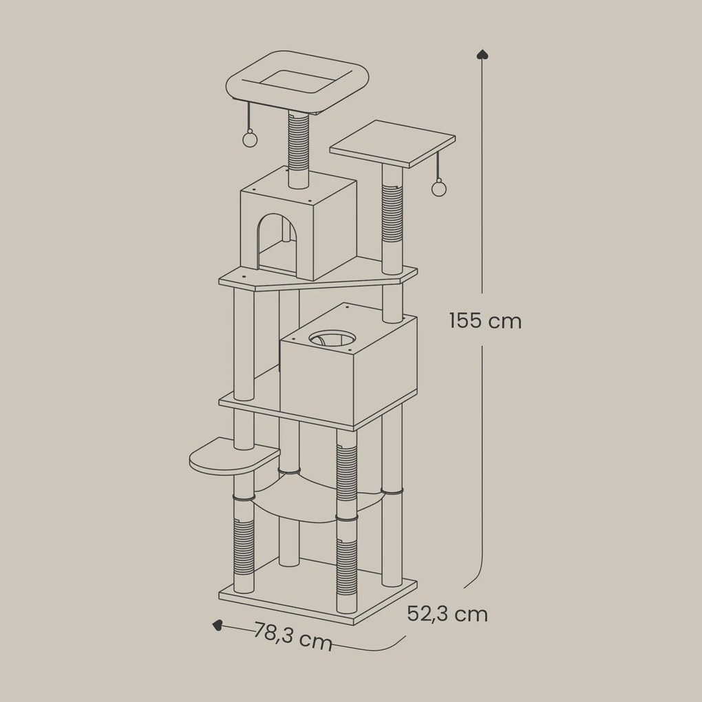 Arranhador com 2 plataformas superiores e 2 cavernas 49 x 40 x 155 cm bege