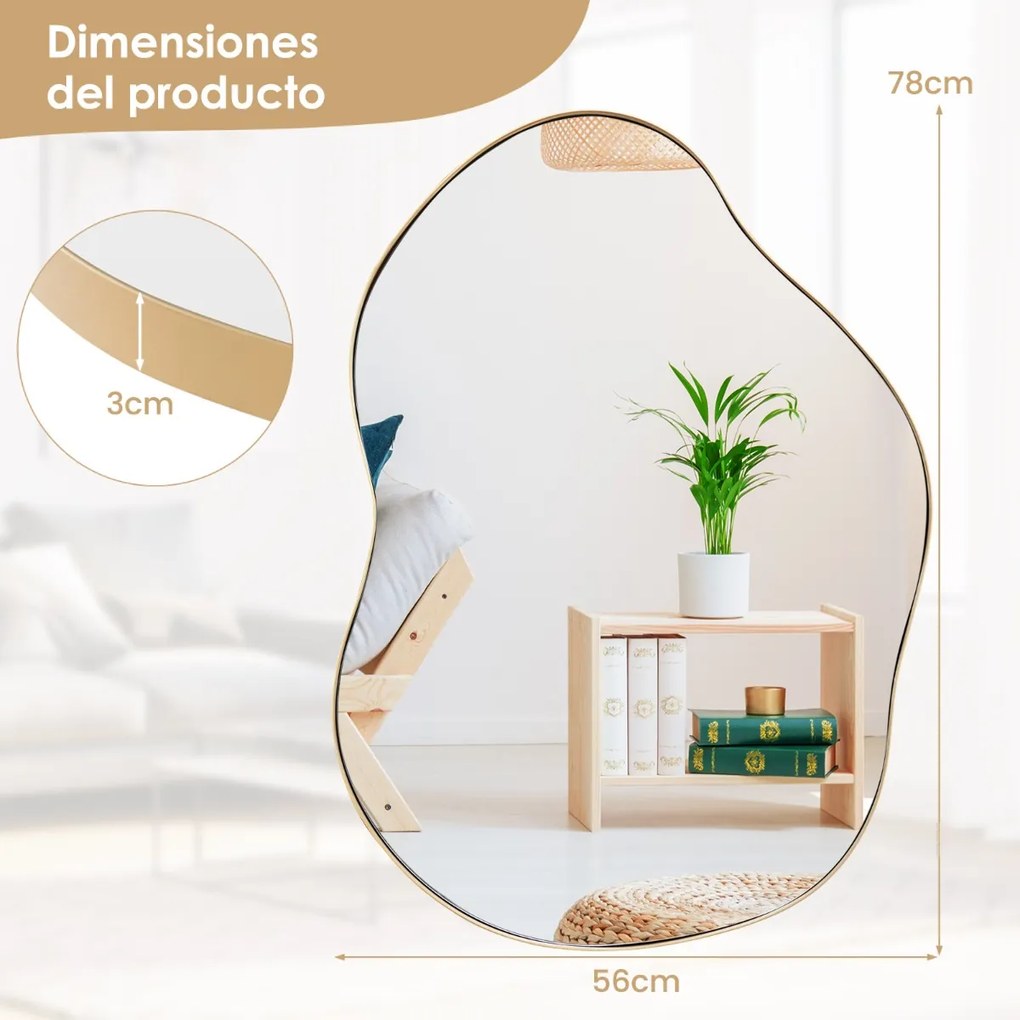 Espelho de parede assimétrico com painel traseiro de primeira qualidade para sala de estar, casa de banho, sala de jantar 78 x 56,5 cm dourado