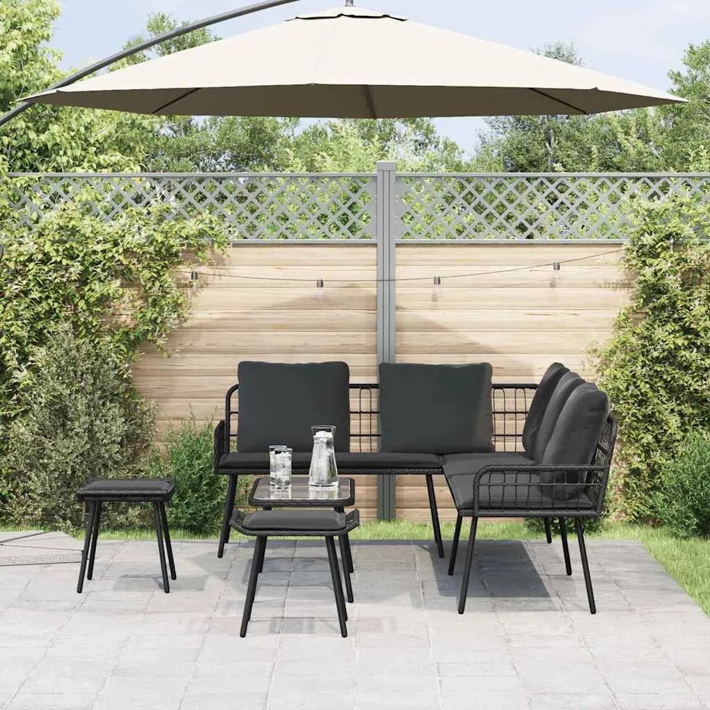 vidaXL Conjunto de Sofás de Jardim ideiaXL de 4 Peças com Almofadas Pretas em Poliéster e Rattan