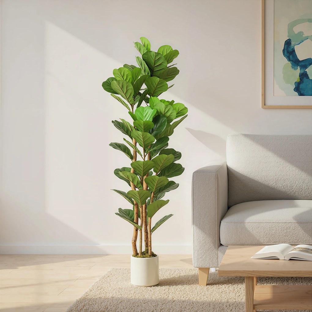 Planta artificial de interior de 150 cm – Figueira-lira artificial com vaso de plástico e tronco de madeira maciça, verde