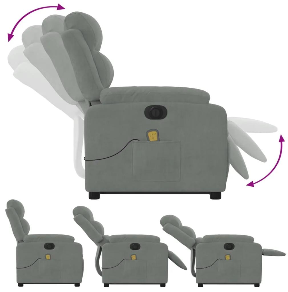 Poltrona de massagens reclinável elétrica veludo cinzento-claro