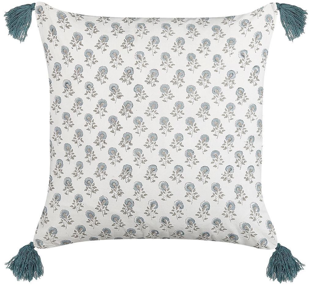 Conjunto de 2 almofadas decorativas com padrão floral e borlas em algodão branco a azul 45 x 45 cm CORNUS Beliani