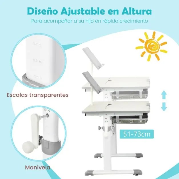 Conjunto 2 em 1 de secretária e cadeira para crianças Secretária ajustável em altura e ângulo com cadeira ergonómica giratória Cinzenta