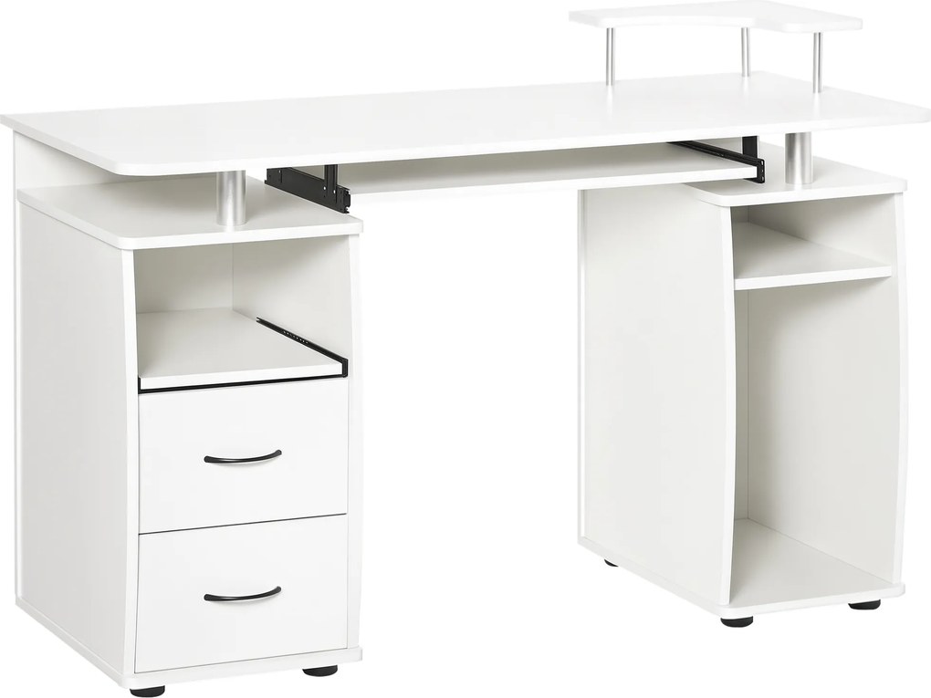 HOMCOM Mesa de Computador com Prateleiras 2 Gavetas Bandeja de Teclado e Suporte para Monitor e CPU 120x55x85 cm Branco | Aosom Portugal