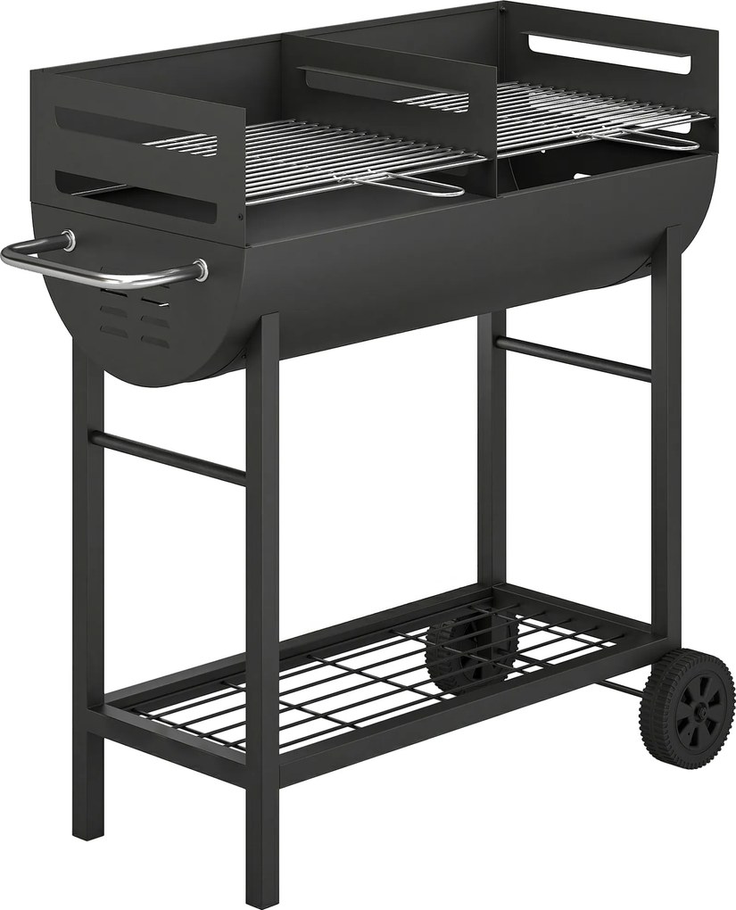 Outsunny Grelhador a carvão carrinho com 2 zonas de grelha grelha regulável em altura prateleira rodas pega lateral, 103 x 46,5 x 100cm | Aosom Portugal