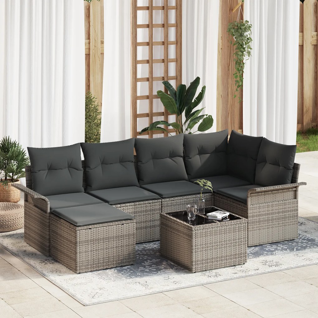 Conjunto de Sofás para Jardim de 6 Peças com Almofadas em Vime Preto,