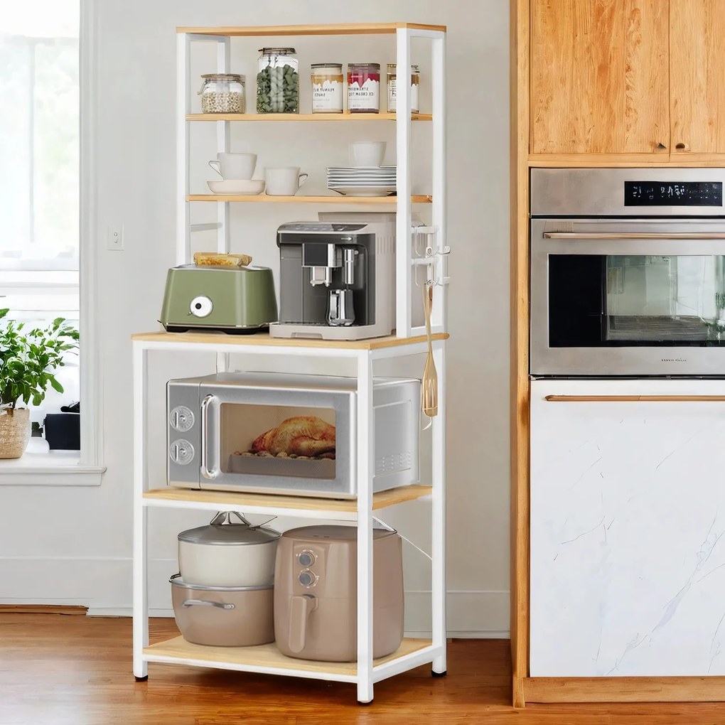 Estante de cozinha com 6 prateleiras e 6 ganchos 40 x 60 x 167 cm cor de carvalho + branco