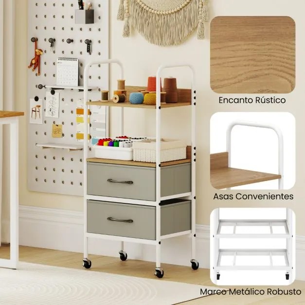 Carrinho de armazenamento móvel 30 x 43,5 x 96 cm com rodas de cozinha ou escritório com Suporte para impressora com 2 prateleiras abertas e 2 gavetas