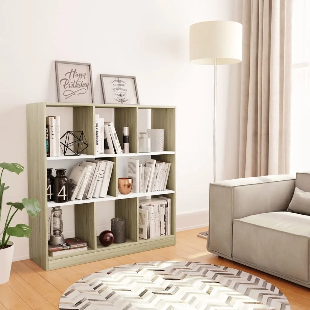 800176 vidaXL Estante 97,5x29,5x100 cm contraplacado branco e carvalho sonoma