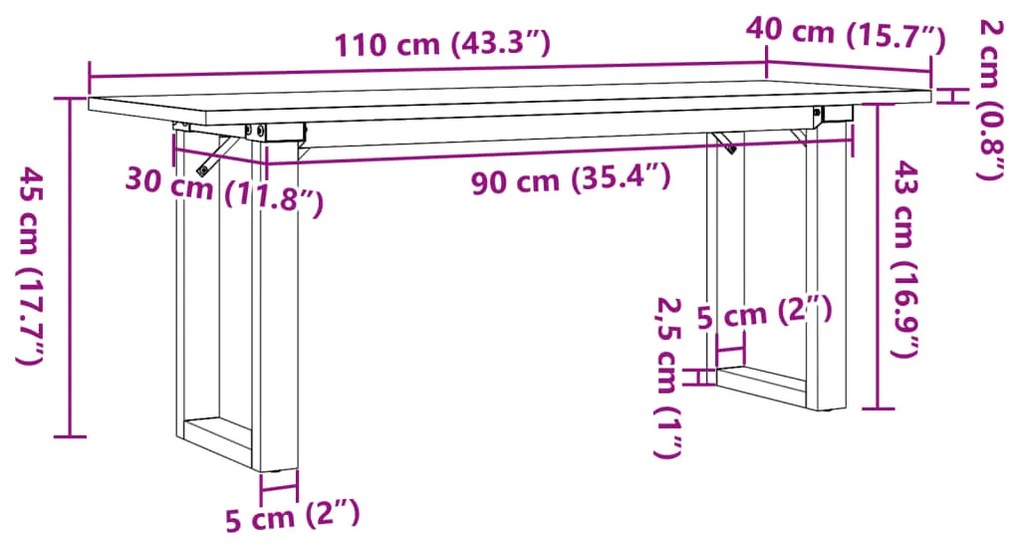 Mesa de centro estrutura em O 110x40x45cm pinho e ferro fundido