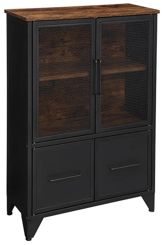 Armário de armazenamento estilo industrial com portas de malha | VASAGLE | 70 x 33 x 100 cm | castanho rústico|preto | LSC053B01.