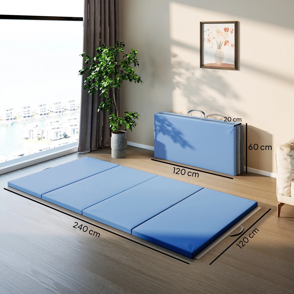 Colchão de Ginástica Dobrável com Espessura de 5 cm e Alças de Transporte para Yoga Aeróbica 240x120x5 cm Azul Claro