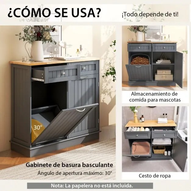 Armário de lixo rebatível para cozinha 100 x 35 x 90,5 cm com contentor oculto de 42 L 2 gavetas Cinzento