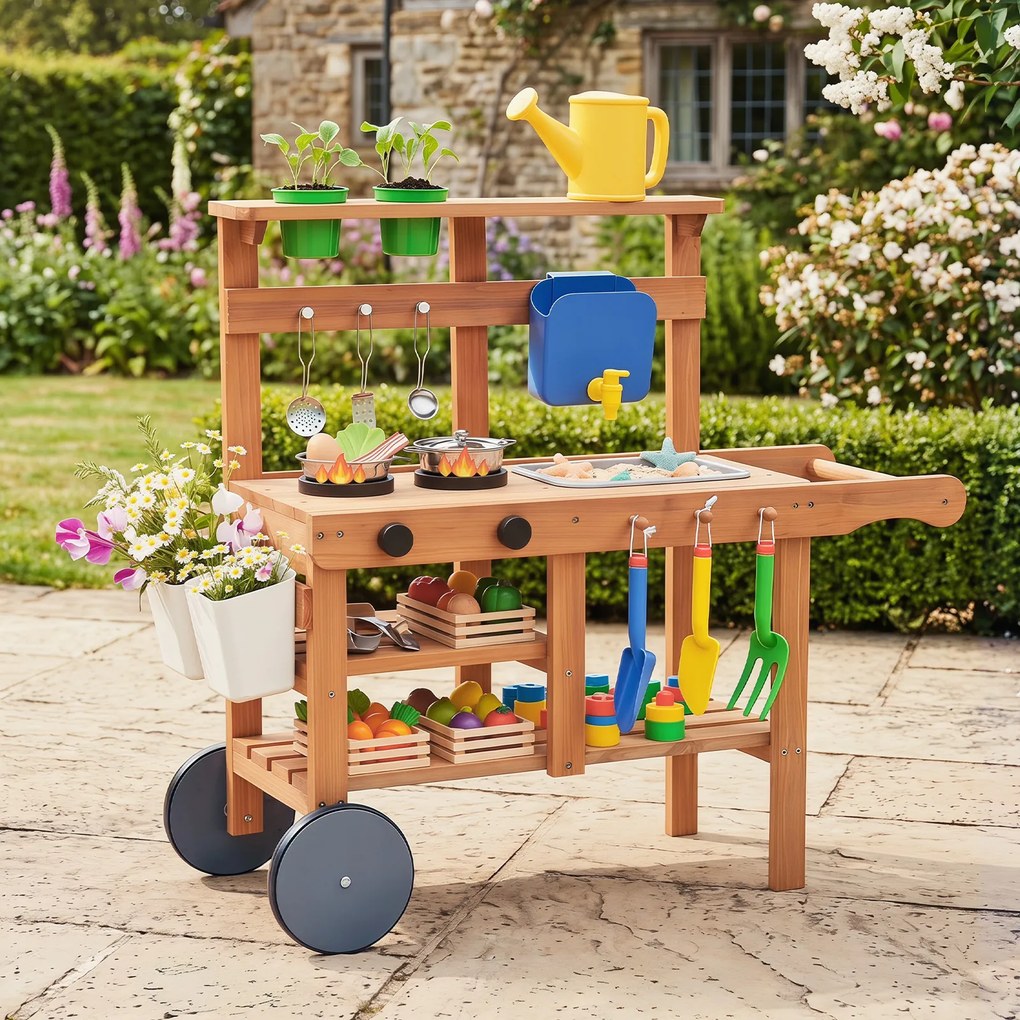 Cozinha de crianças Exterior Infantil, 91 x 32 x 81 cm, Design 2 em 1, Natural