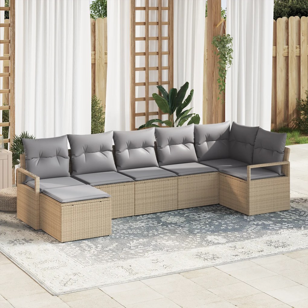 Conjunto de Sofá de Jardim de 7 Peças com Almofadas Bege Rattan em Pol