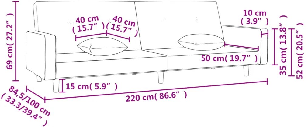 Sofá-cama 2 lugares com duas almofadas tecido castanho-escuro