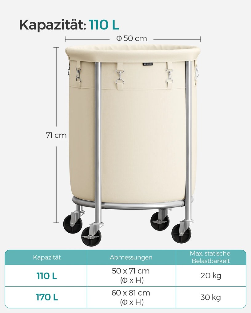 Cesto para roupa suja 110 litros com Rodas e saco para roupa suja cinzento-prata