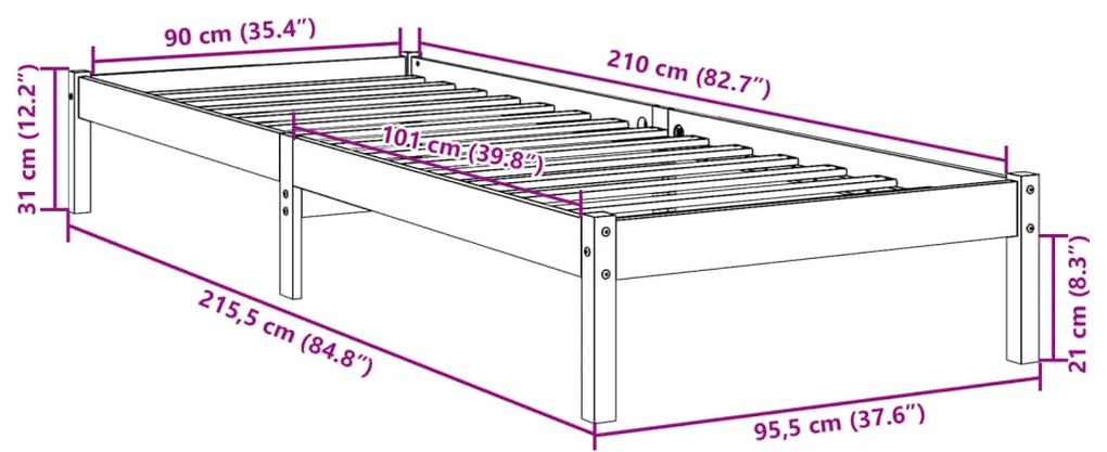 Cama extra longa sem colchão 90x210 cm madeira de pinho maciça