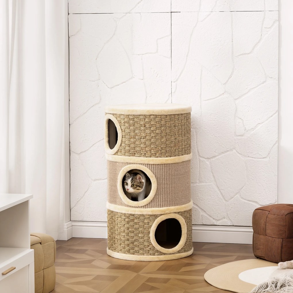 Barril para gatos arranharem - Árvore para gatos em sisal natural e algas marinhas, revestida a pelúcia - 45 x 45 x 79 cm - Cáqui e café