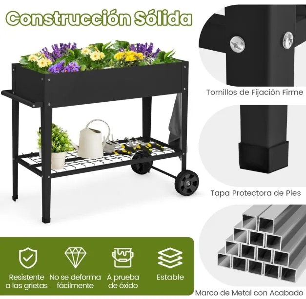Floreira de jardim elevada 95 x 40 x 80 cm com pernas e prateleira inferior com rodas e pernas de metal preto