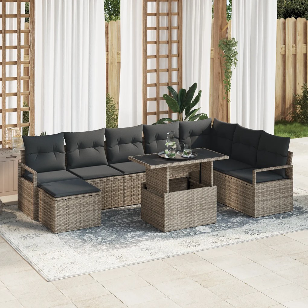 Conjunto de Sofá vidaXL 9 Peças com Almofadas Cinzento Rattan Poliéste