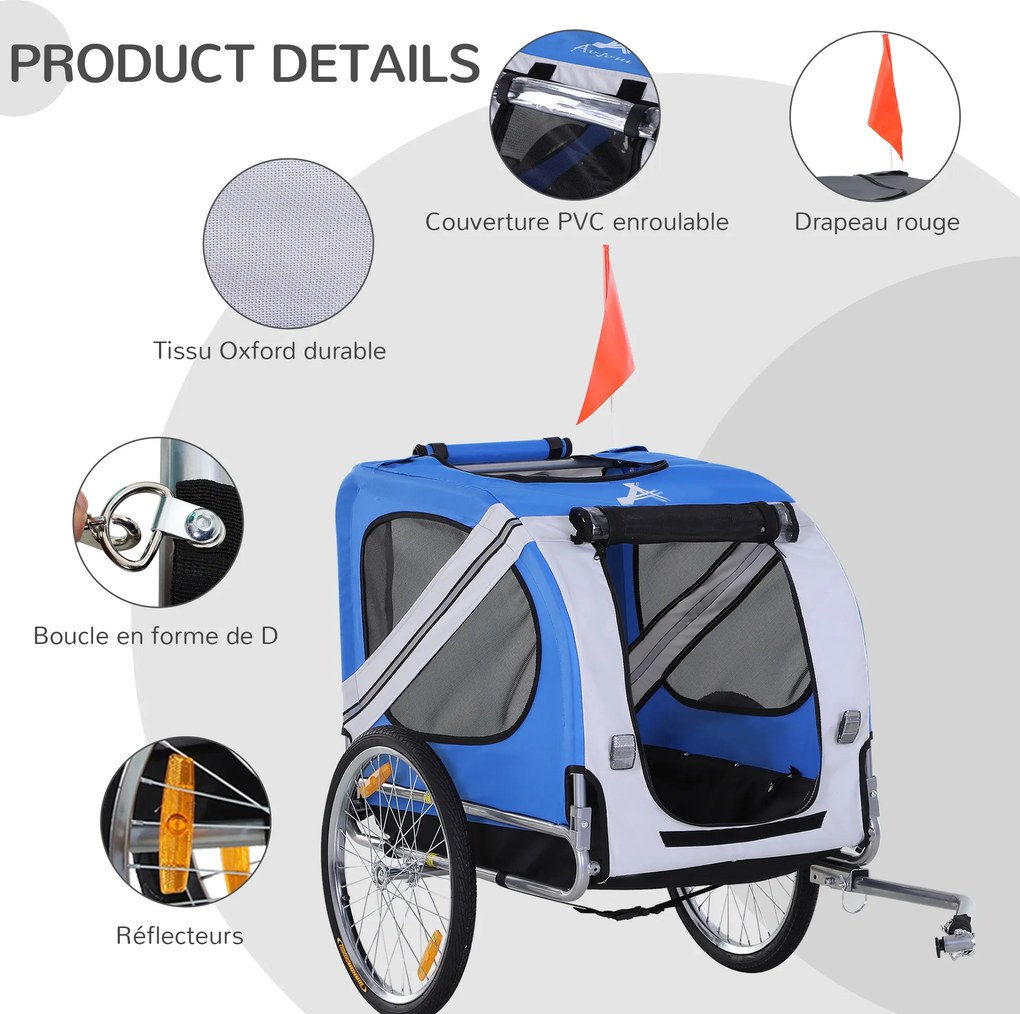 Reboque de bicicleta para cães e animais de estimação, com 8 refletores, bandeira e barra de engate incluídas, 130 x 73 x 90 cm, azul