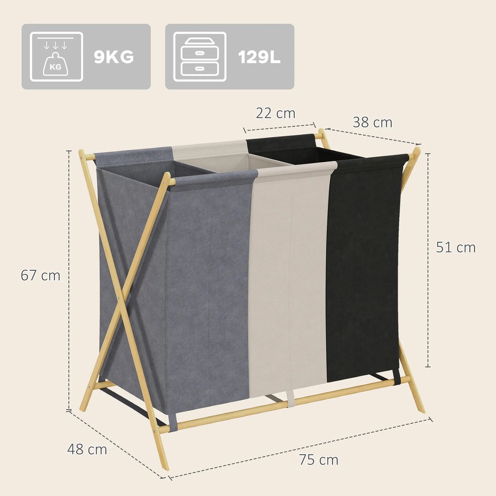 Cesto para Roupa Suja Dobrável com 3 Compartimentos Capacidade 129L com Estrutura de Bambu e Sacos Removíveis Multicolor