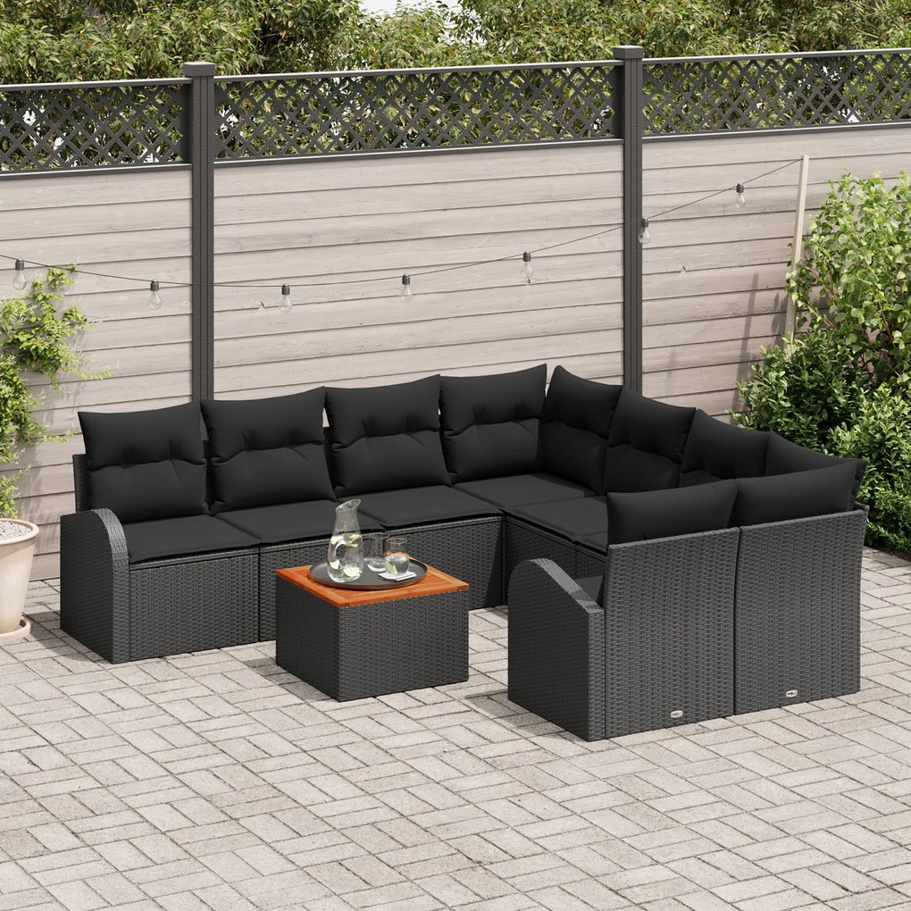 Conjunto de Sofá de Jardim vidaXL de 9 Peças com Almofadas Preto Vime