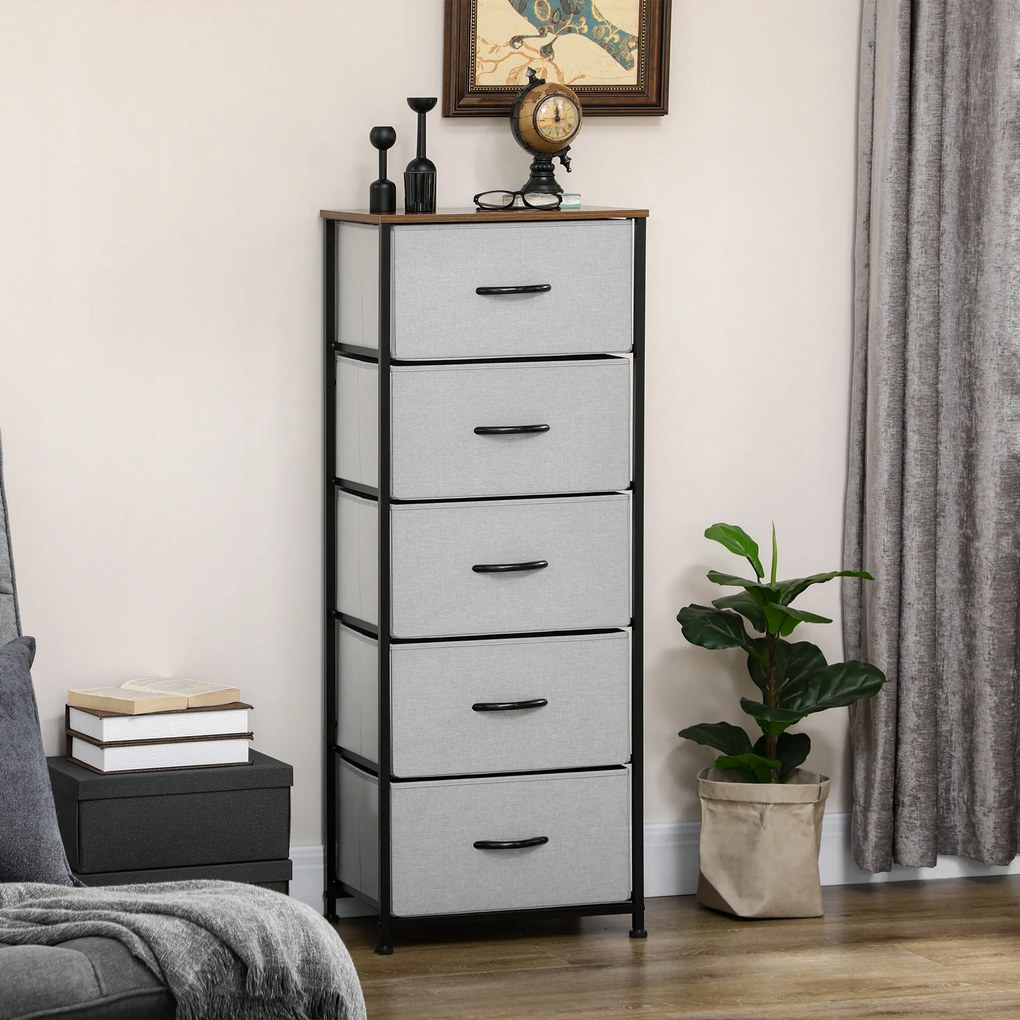 Cómoda com 5 gavetas 45 x 30 x 116 cm, móvel de arrumação com gavetas em tecido dobrável - estrutura em aço preto - cinzento
