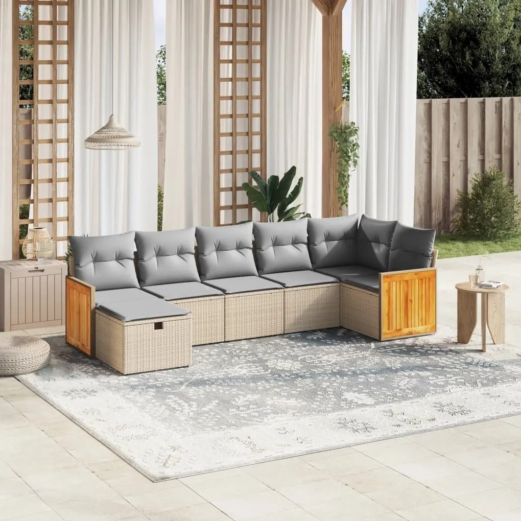 7 pcs conj. sofás jardim c/ almofadões vime PE bege misturado